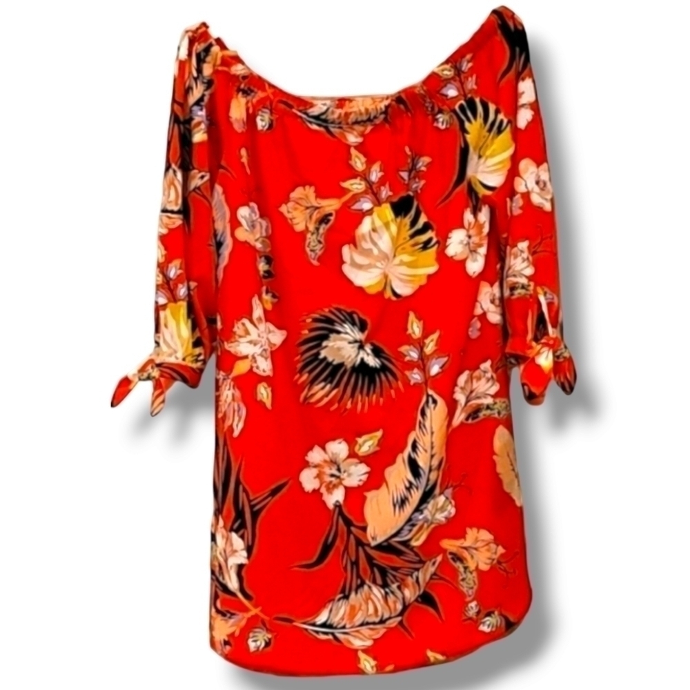 Carolina Belle Orange And Floral Off Shoulder Mini Dress - Size 8